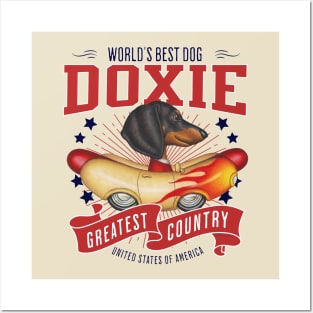 Doxie with red white and blue patriotic Dachshund in Flame Hotdog Car USA Posters and Art